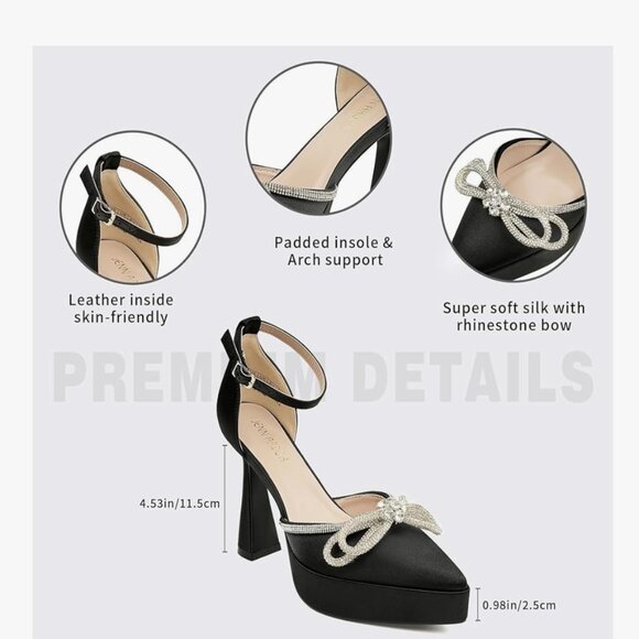 Rhinestone Bow Platform Heels | 4.5” Stilettos | Pointed Toe Ankle Strap Pumps | - Picture 2 of 10